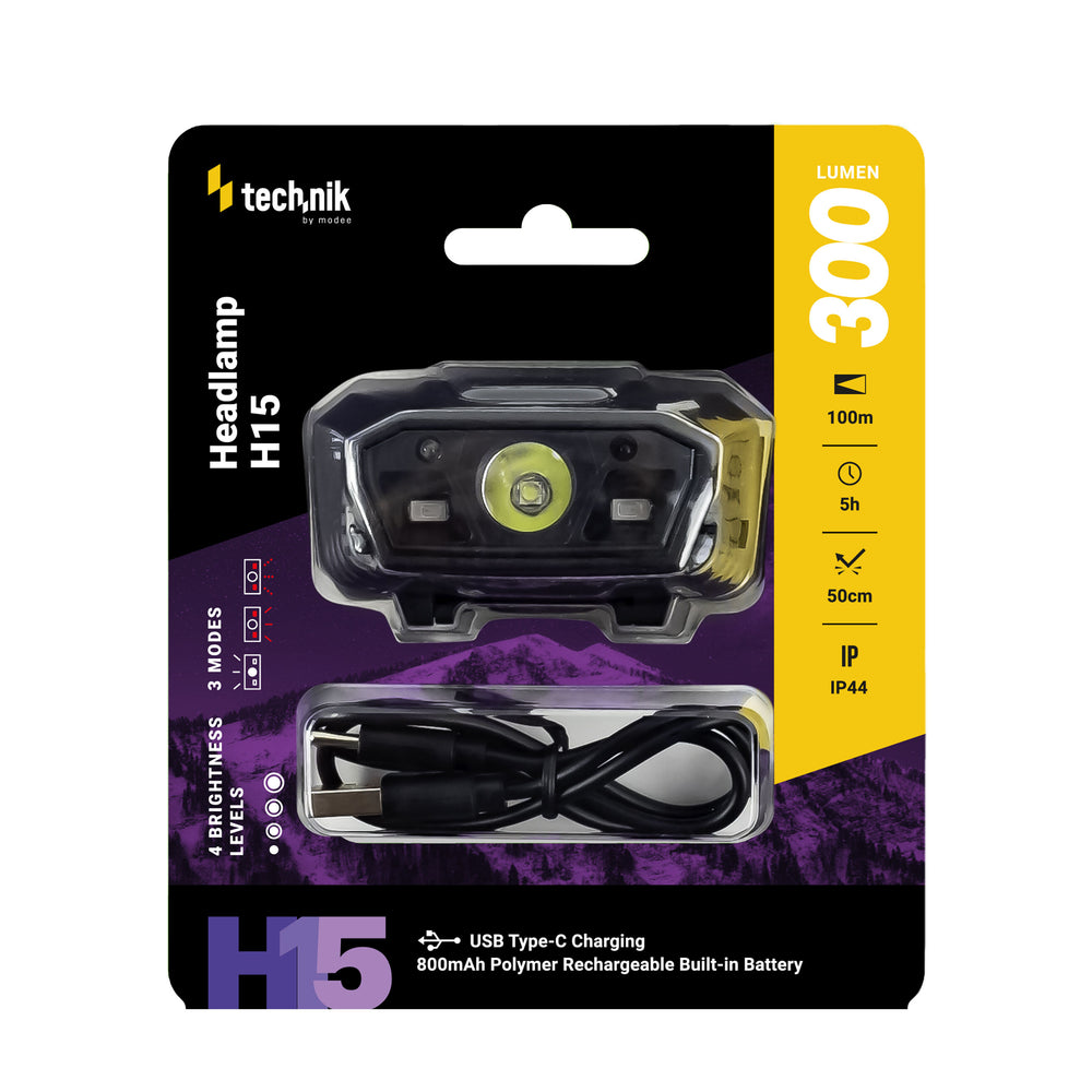 Technik Lampe frontale H15 LED rechargeable 300 lumens IP44 avec USB Type-C et capteur de mouvement