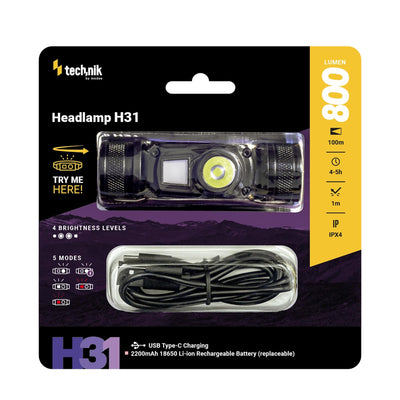 Technik Hoofdlamp H31 met Osram P9 LED, 800 lumen, 5 standen, USB-C oplaadbaar, IPX4, Wit