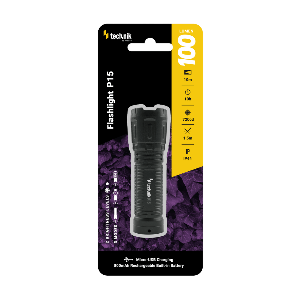 Technik P15 oplaadbare zaklamp 100 lumen XPE LED, IP44, 800mAh micro USB, 10u gebruiksduur, Wit