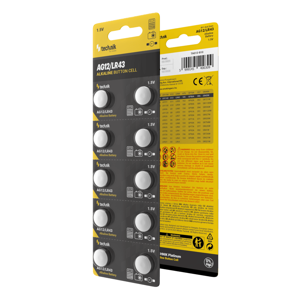 Technik Platinum Alkaline Knopcellen AG12 LR43 186 386 1.5V B10 verpakking van 10 voor horloges en kleine apparaten