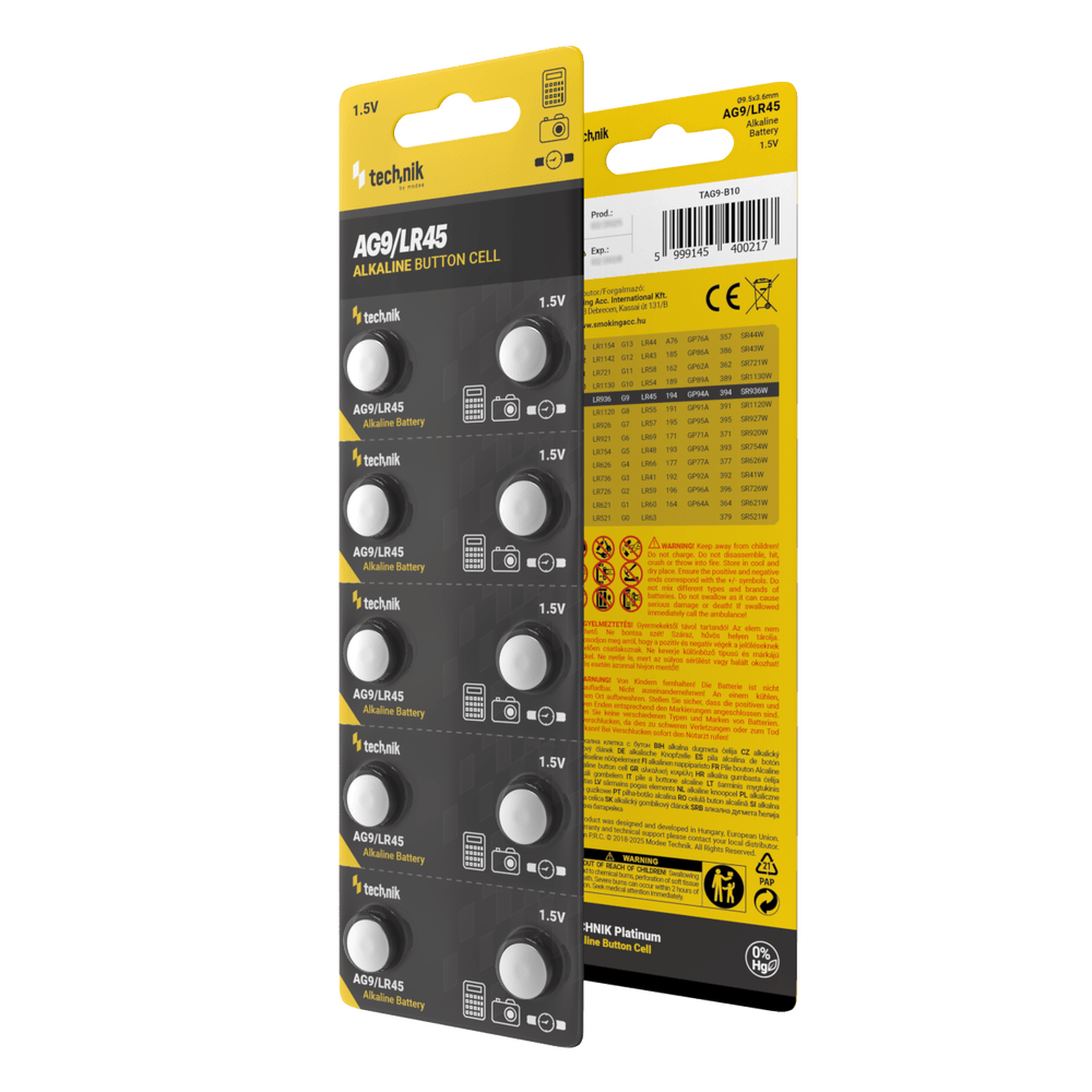 Technik Platinum alkaline knoopcel AG9 LR45 394 1.5V 40mAh muntbatterij verpakking van 10