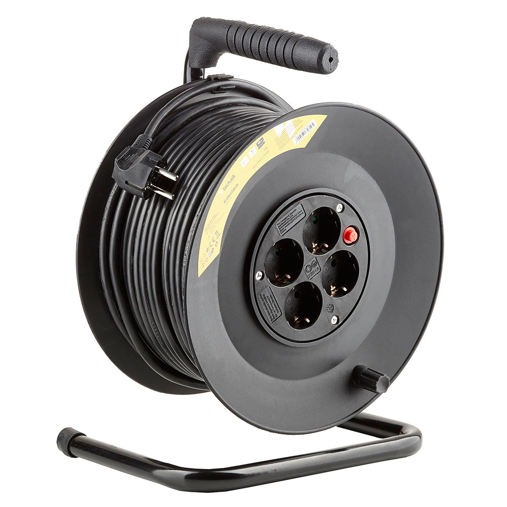 Technik Professionele Kabelhaspel 50m 1.5mm² Zwart 16A 4 Stopcontacten met Schakelaar Binnen Buiten