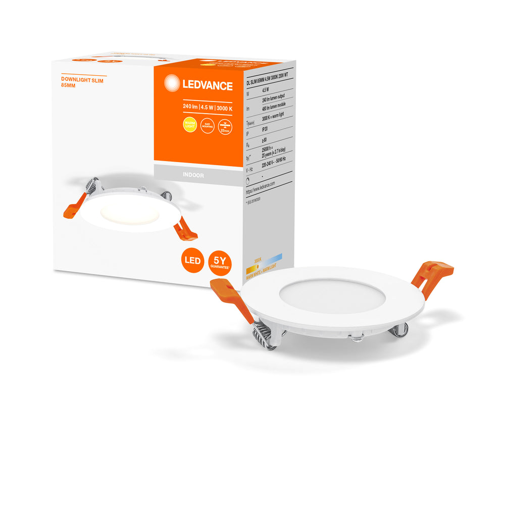 Downlight LED extra plat blanc 4.5W 240 lumens 3000K blanc chaud découpe 85mm 72mm 230V