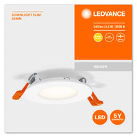 Downlight LED extra plat blanc 4.5W 240 lumens 3000K blanc chaud découpe 85mm 72mm 230V