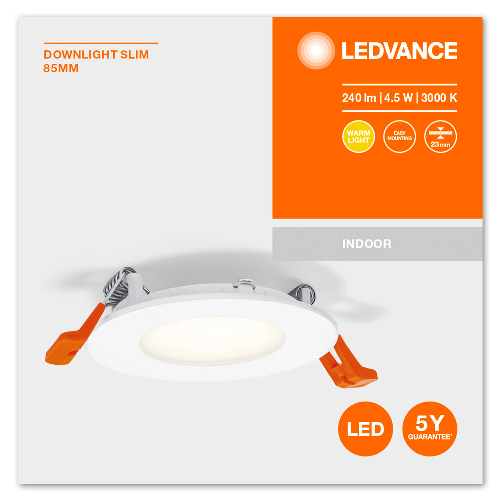 Downlight LED extra plat blanc 4.5W 240 lumens 3000K blanc chaud découpe 85mm 72mm 230V