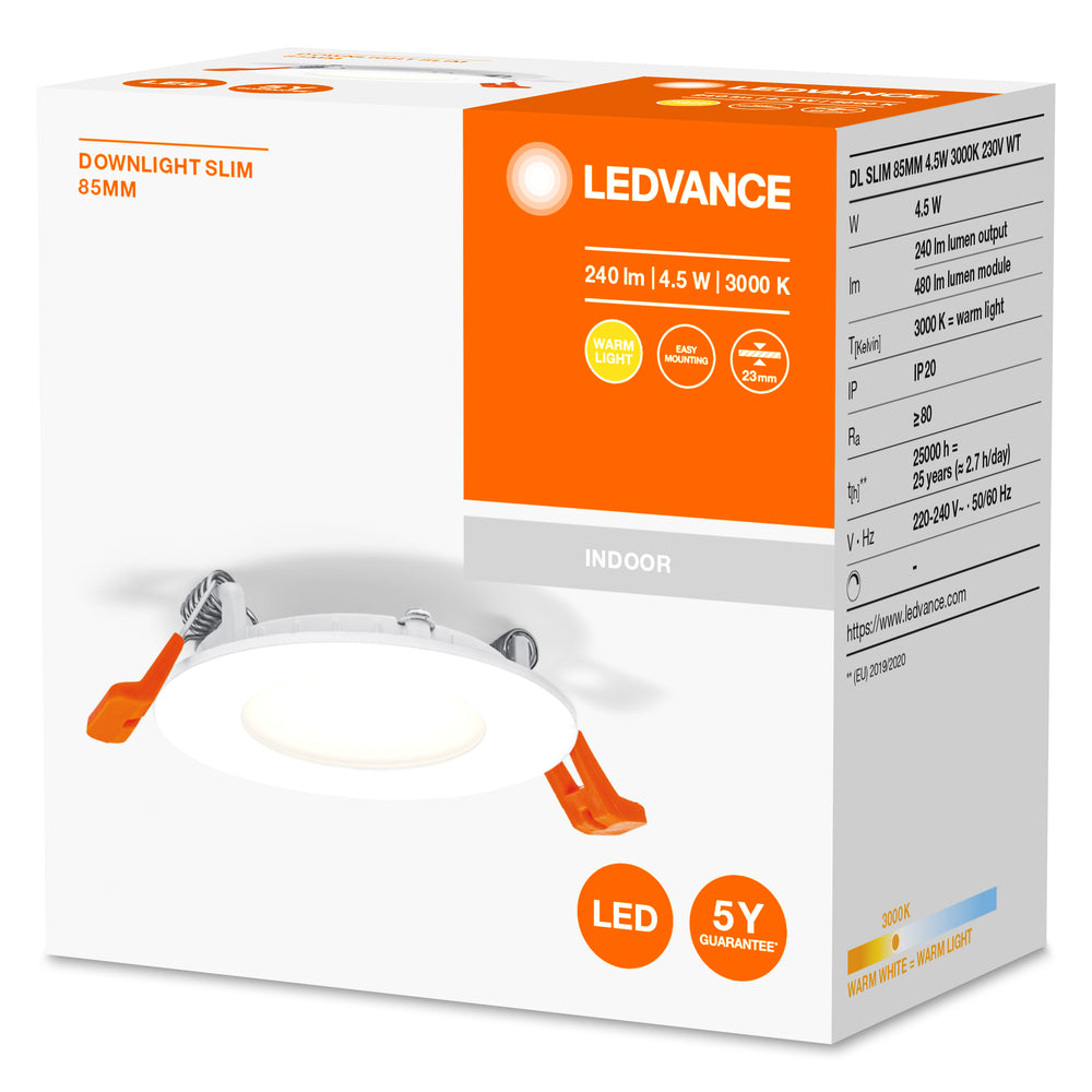 Downlight LED extra plat blanc 4.5W 240 lumens 3000K blanc chaud découpe 85mm 72mm 230V