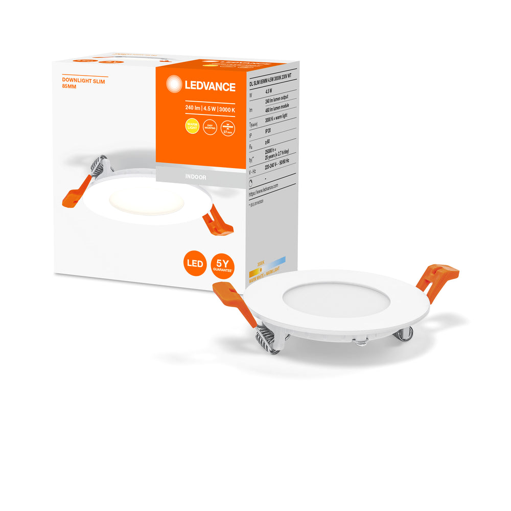 Downlight LED extra plat blanc 4.5W 240 lumens 3000K blanc chaud découpe 85mm 72mm 230V