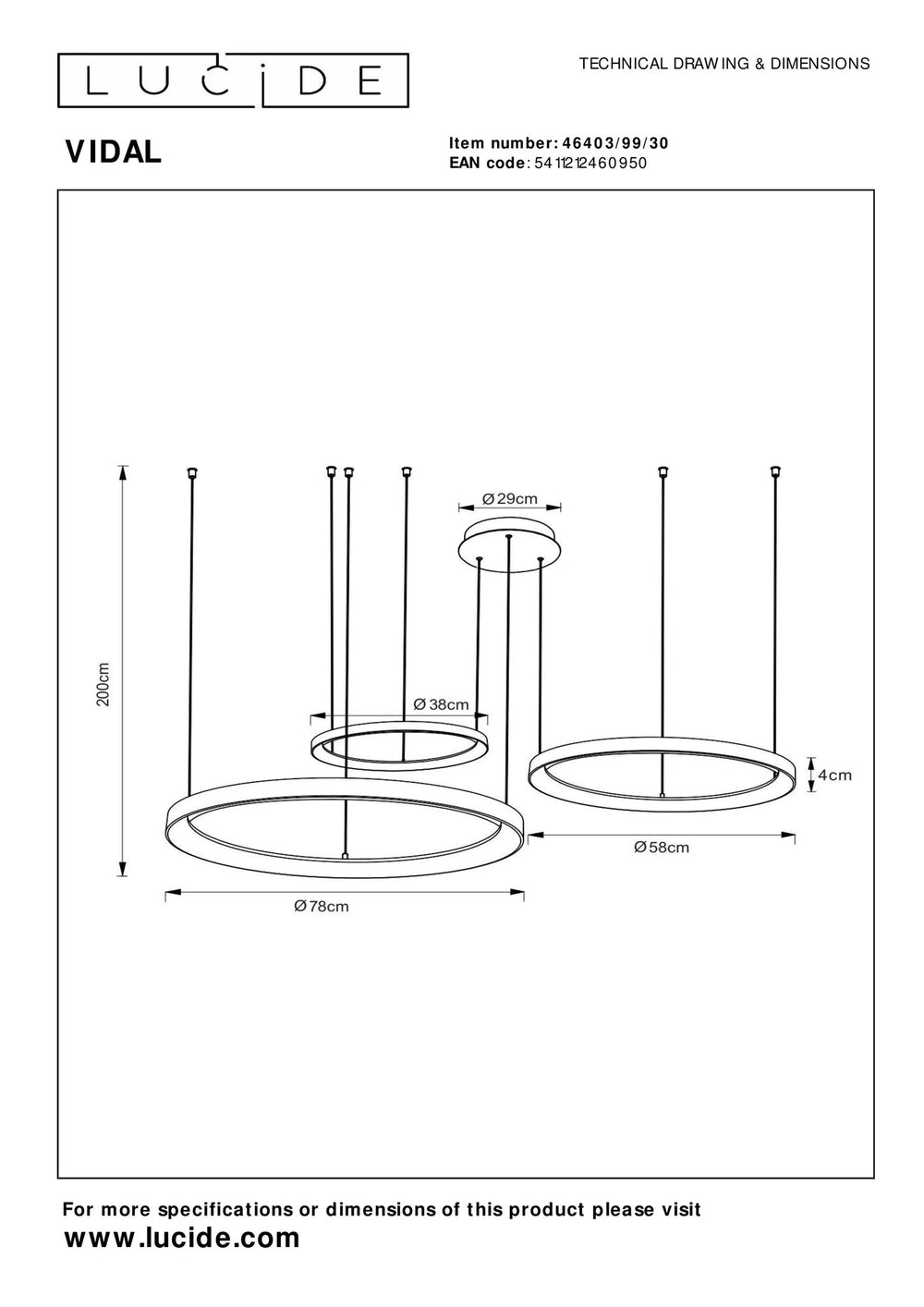 Lucide VIDAL LED hanglamp 78 cm zwart 120W 2700K dimbaar