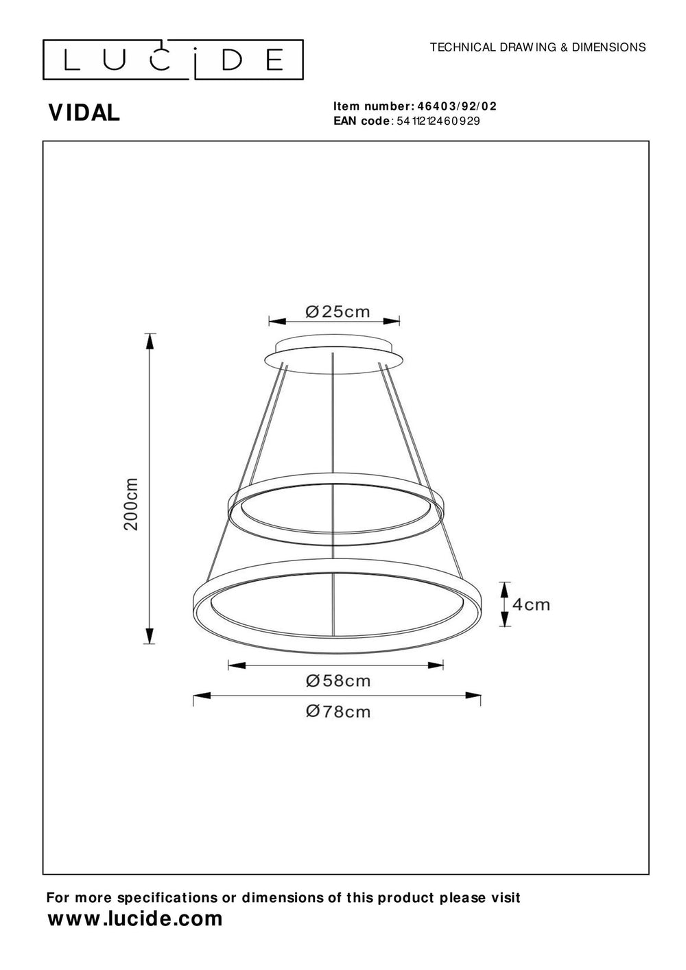 Lucide VIDAL LED suspendu dimmable 92W 2700K laiton doré mat Ø 78 cm