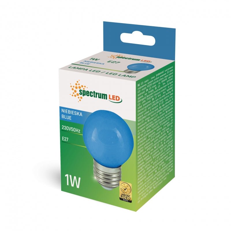 Boule LED Spectrum G45 E27 1W bleu, 230V, angle de 270°, 17000 heures, IP20, CRI 80 lumens, non dimmable