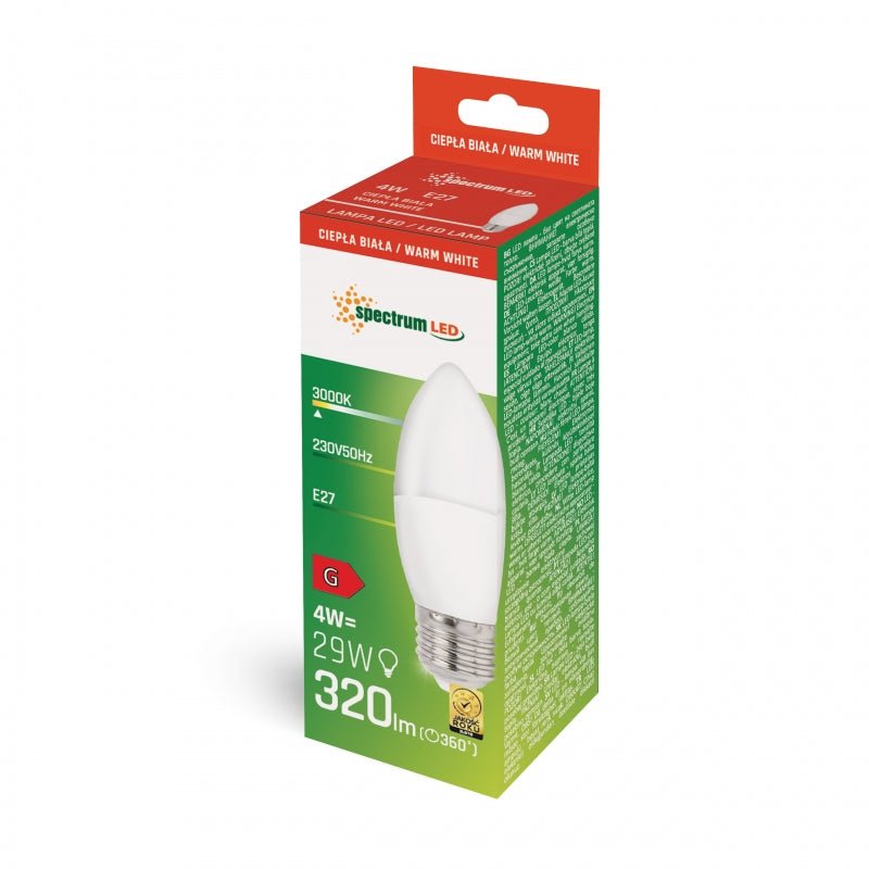 Lampe à LED en forme de bougie Spectrum E27 blanc chaud 4W 3000K, 320 lumens, IP20, 230V, non dimmable, pour application intérieure