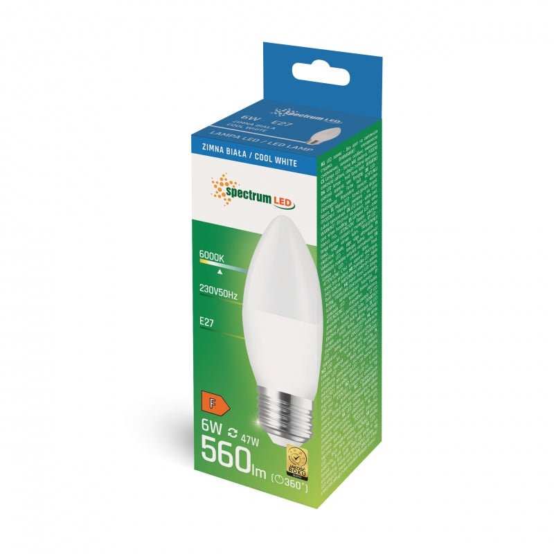 Bougie LED Spectrum C37 E27 230V 6W 6000K lumière blanche froide 560 lumens, angle de faisceau 160°, non dimmable, durée de vie de 17000 heures
