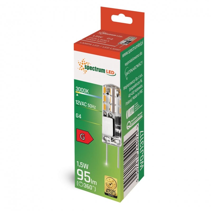 Spectrum LED G4 12V 1,5W silicone blanc chaud 3000K, 270° angle, 95 lumens, CRI 80, longue durée de vie, non dimmable