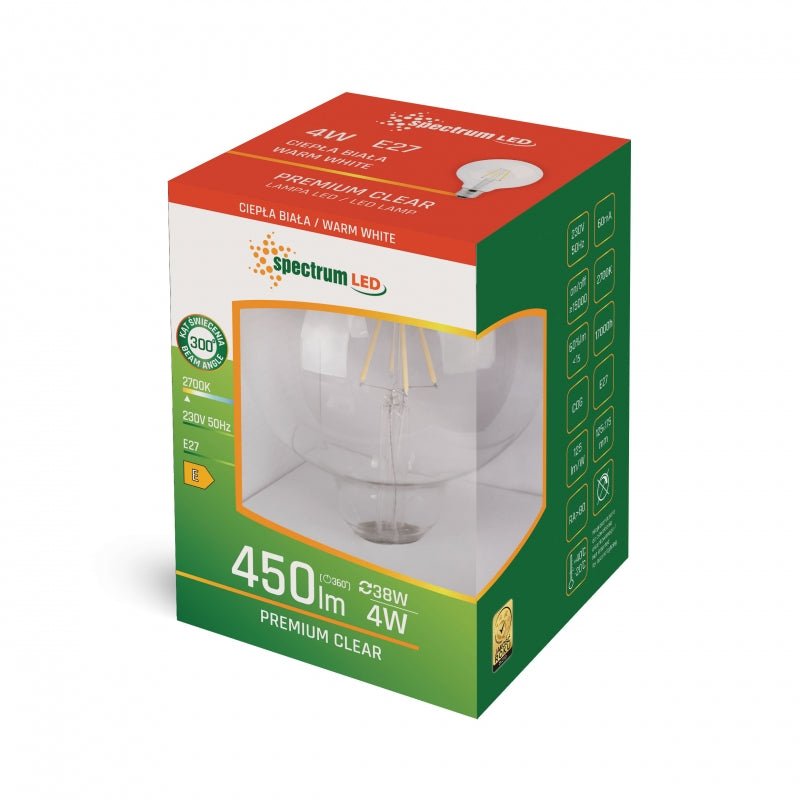 Ampoule à LED Spectrum G95 4W 2700K E27 avec 450 lumens et 300° d'angle de faisceau pour une lumière blanche chaude