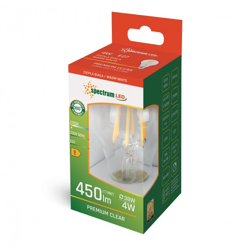 spectrum led gls A60 E27 230V 4W blanc chaud 2700K look filament, 450 lumens, IP20, angle de rayonnement de 300 degrés