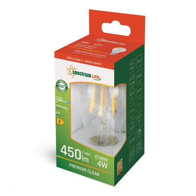 spectrum led gls A60 E27 230V 4W blanc chaud 2700K look filament, 450 lumens, IP20, angle de rayonnement de 300 degrés
