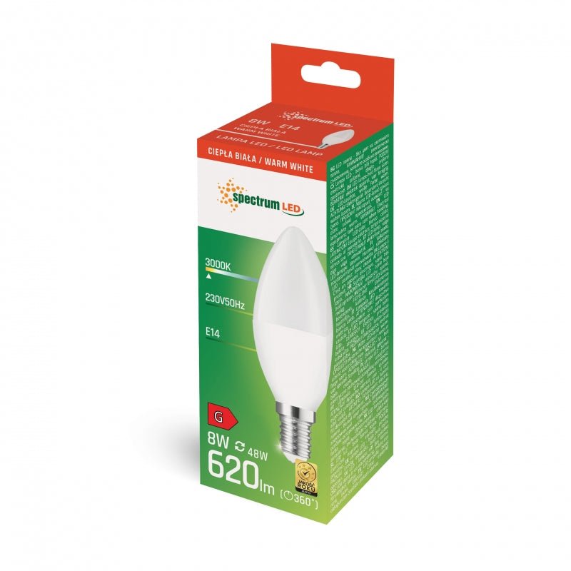 Lampe à bougie LED Spectrum C37 E-14 8W 3000K blanc chaud, 710 lumens, angle de rayonnement 160°, IP20, éclairage d'ambiance idéal