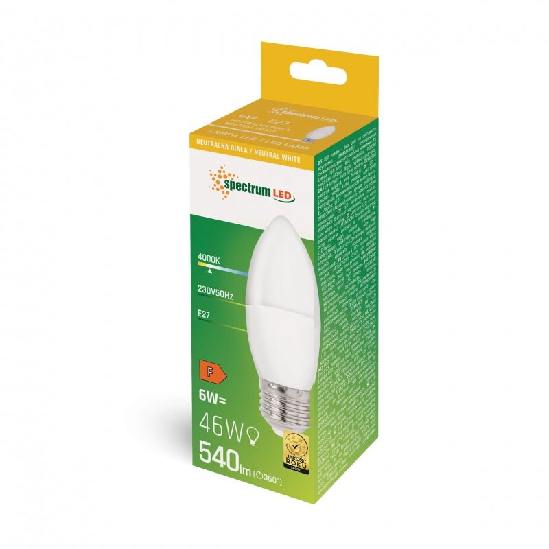 Spectrum bougie LED C37 E27 230V 6W NW 4000K, 540 lumens pour usage intérieur, angle de rayonnement 160°, non dimmable