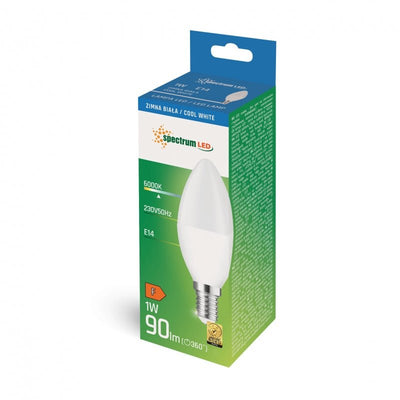 Spectrum Lampe LED chandelle C37 E14 230V 1W blanc froid 6000K avec 90 lumens, large faisceau lumineux de 270° et durée de vie de 17 000 heures