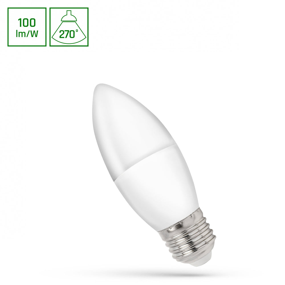 Lampe en forme de bougie LED Spectrum C37 E27 230V 1W CW 6000K avec 100 lumens de lumière blanche froide et diffusion lumineuse à 270°