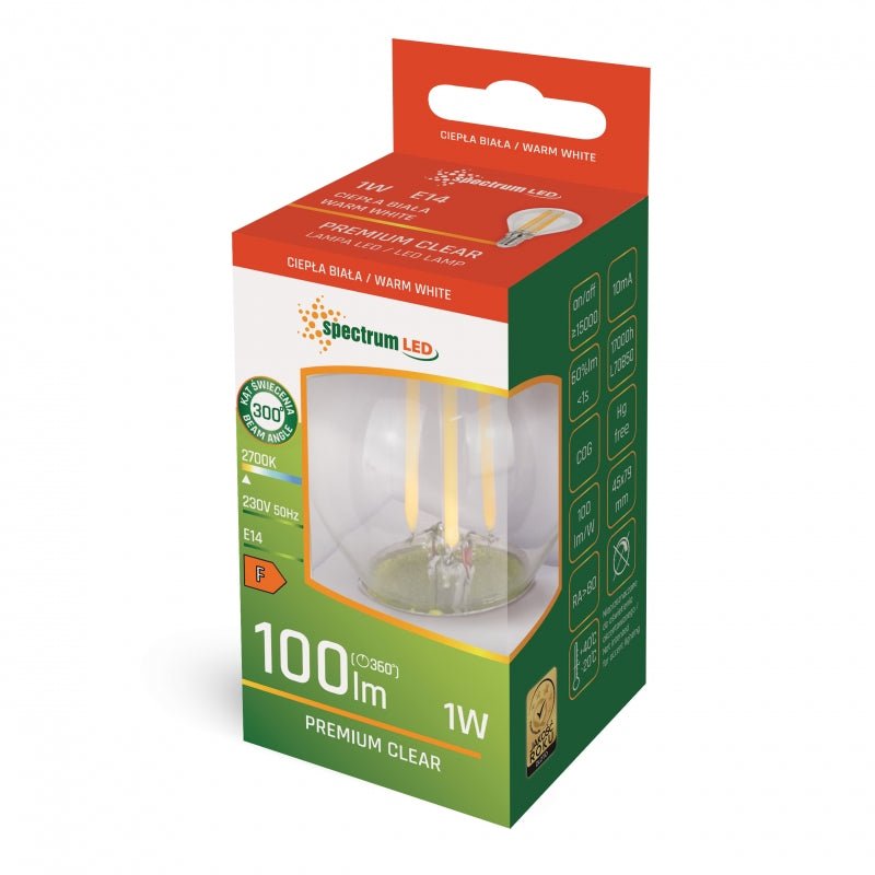 Ampoule LED Spectrum G45 E14 2700K 230V 1W blanc chaud, 100 lumens, angle de faisceau de 300°, économie d'énergie et durable